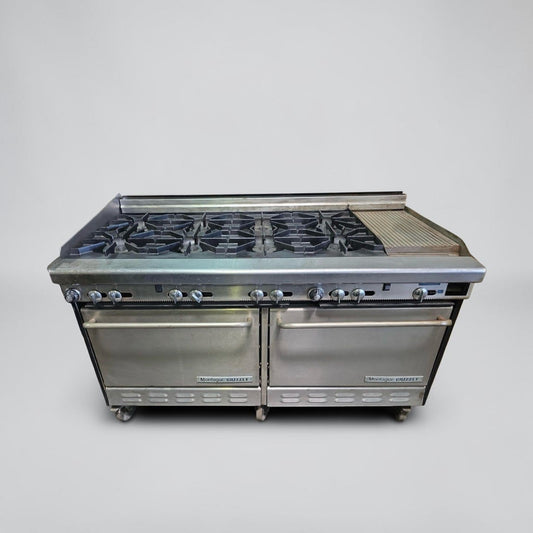 Outstanding Condition - Montague Grizzly 60" - Commercial Gas Range - 8 Open Burners + Raised Griddle - Double Convection Ovens - Fully Tested & Operational!