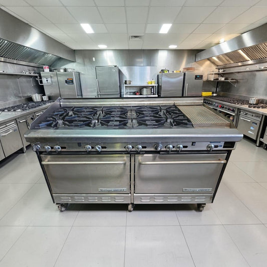 Outstanding Condition - Montague Grizzly 60" - Commercial Gas Range - 8 Open Burners + Raised Griddle - Double Convection Ovens - Fully Tested & Operational!