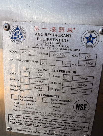 Prime Condition – ABC Restaurant Equipment ABC-1 – Natural Gas Chinese Wok Range – 1-Hole Stainless Steel Wok Station – 100,000–110,000 BTU - Fully Tested & Operational!