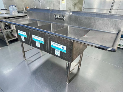 Immaculate Condition – Commercial 3-Compartment Stainless Steel Sink – Dual Drainboards – NSF – Ready for Installation!