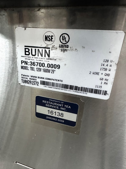 Optimal Condition – BUNN TB3 36700.0009 – 3-Gallon Commercial Iced Tea Brewer with 29" Trunk – 120V – NSF & UL Listed – Fully Tested & Operational!