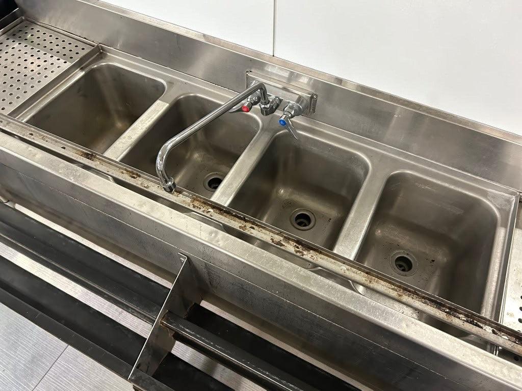 Exceptional Condition – Commercial Stainless Steel 4-Compartment Underbar Sink – 72" × 29" × 33" – Dual Drainboards, Faucet & Double Speed Rails – Fully Inspected & Ready for Installation!