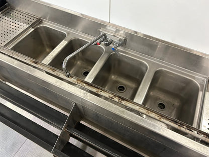 Exceptional Condition – Commercial Stainless Steel 4-Compartment Underbar Sink – 72" × 29" × 33" – Dual Drainboards, Faucet & Double Speed Rails – Fully Inspected & Ready for Installation!
