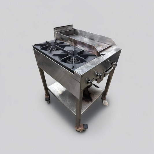 Outstanding Condition – Commercial 24” Portable Propane Cooktop – Two 12” Open Flame Burners + 12” Iron Griddle – Stainless Steel Stand – Fully Tested & Operational!