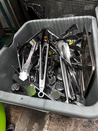Well-Maintained Condition – Mixed Commercial Kitchen Utensil Lot – Two Containers with Tongs, Spatulas, Ladles & Serving Tools – Ready for Restaurant Use!