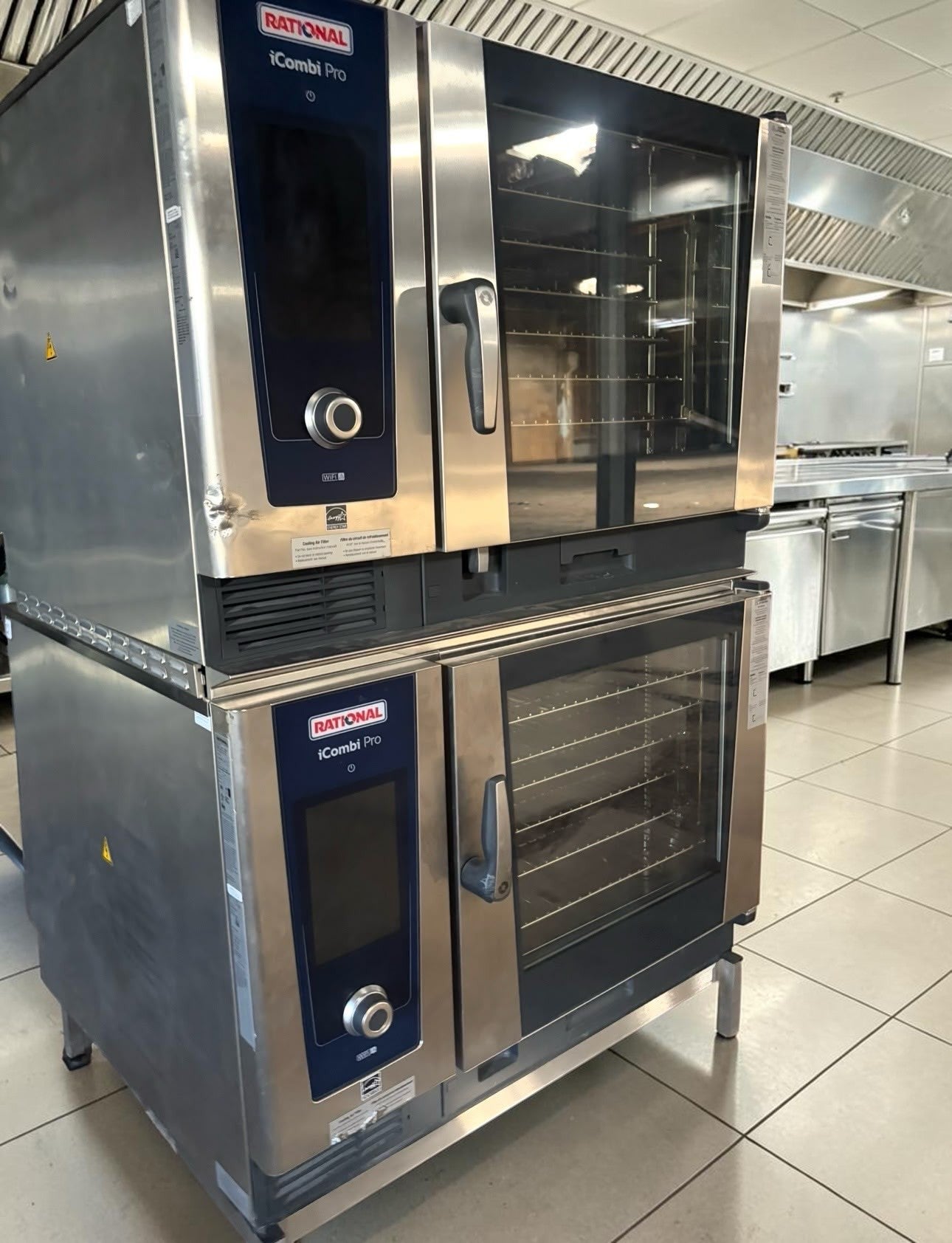 Top-Tier Condition – Quantity 2 New Rational iCombi Pro 6-Full Size Electric Combi Ovens – Double-Deck Combi-Duo System with Low Stand – 12 Full-Size Sheet Pan Total Capacity – 208/240V, Three Phase – 45 kW Combined!
