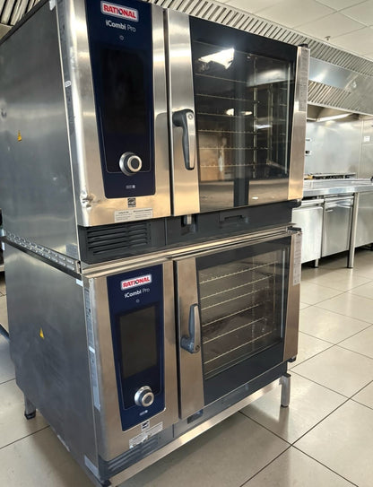 Top-Tier Condition – Quantity 2 New Rational iCombi Pro 6-Full Size Electric Combi Ovens – Double-Deck Combi-Duo System with Low Stand – 12 Full-Size Sheet Pan Total Capacity – 208/240V, Three Phase – 45 kW Combined!