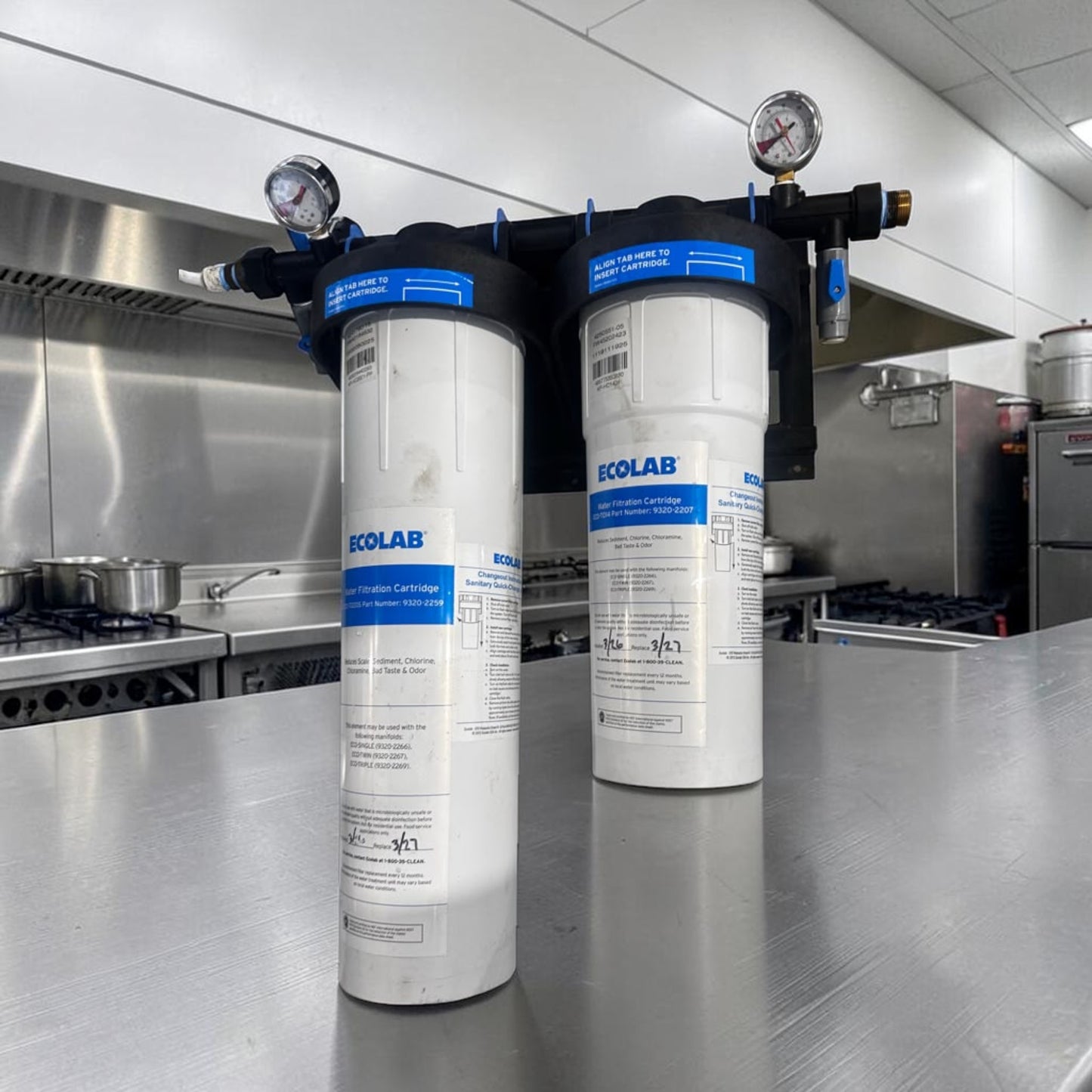 Prime Condition – Ecolab 9320-2268 Split Twin – Commercial Dual-Outlet Water Filtration System – ECO-TO20S & ECO-TO14 Cartridges – Dual Pressure Gauges – Fully Inspected & Ready for Professional Installation!