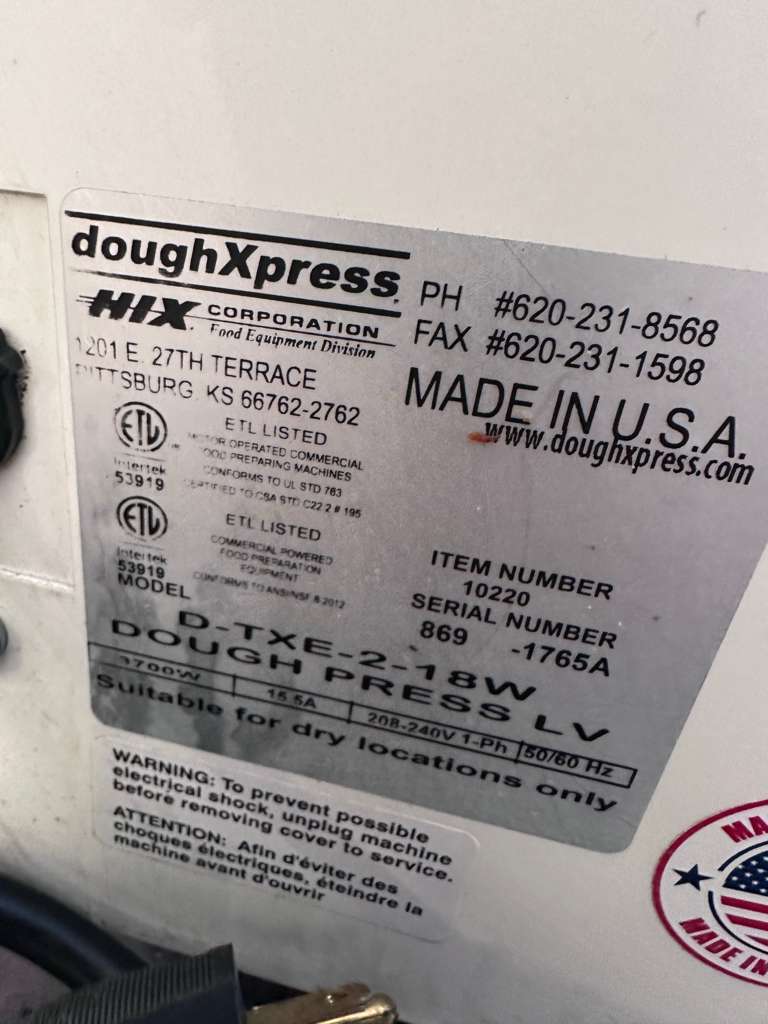 Excellent Condition – DoughXpress D-TXE-2-18W LV – Commercial Dough Press – 18" – 208-240V / 1Ph – Made in USA – Fully Tested & Operational!