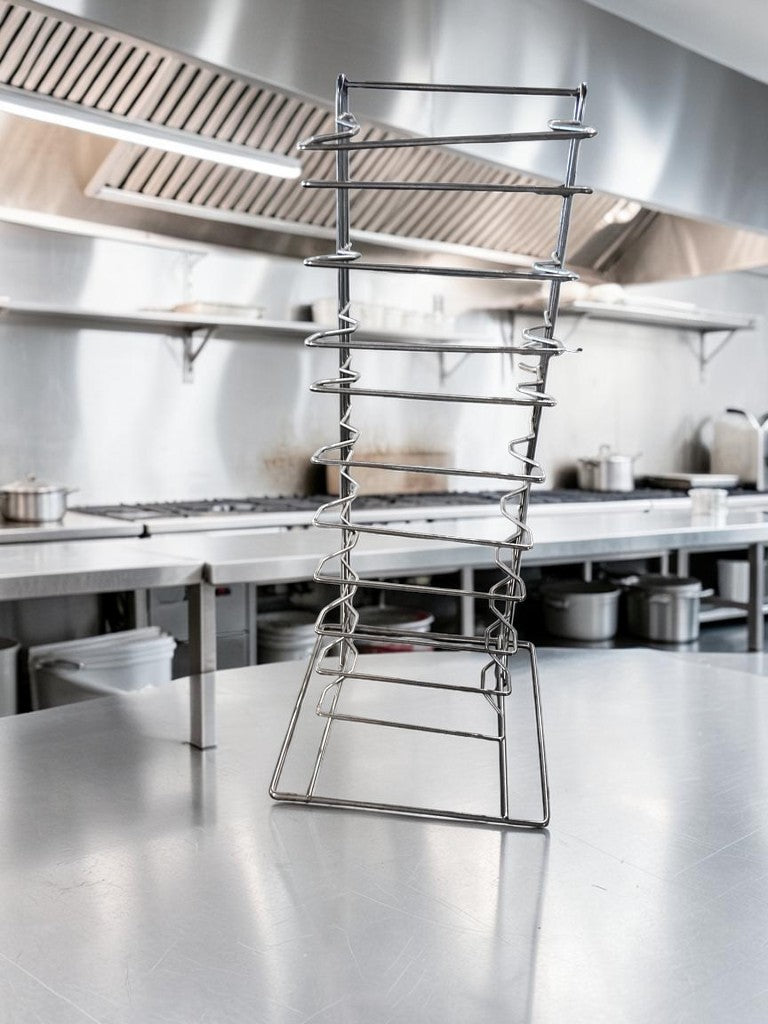 Superior Condition – Commercial Countertop Pizza Pan Stand – 10-Slot Stainless Steel Rack – Space-Saving Vertical Design – Ready for Immediate Use!