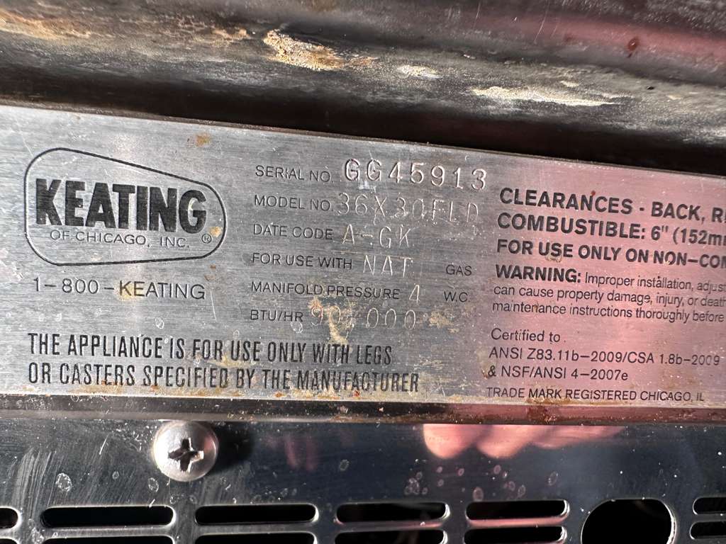 Exceptional Condition – Keating Miraclean® 36" Commercial Gas Griddle / Top-Side Cooker – Natural Gas – UL & NSF Listed – Fully Tested & Operational!