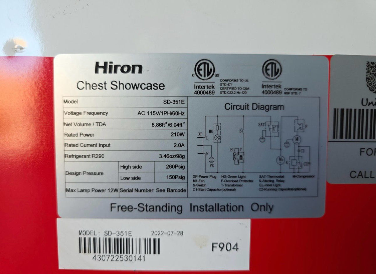 Exceptional Condition – Hiron SD-351E – Commercial Chest Showcase Freezer – Sliding Glass Top – R290 – 115V – Fully Tested & Operational!
