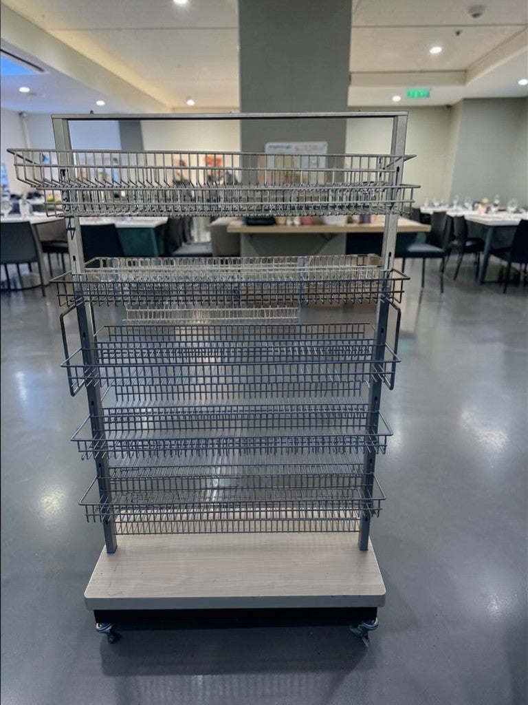Superior Condition – Commercial Rolling Wire Display Rack – Multi-Tier Retail Shelving – Heavy-Duty Construction – Fully Inspected & Ready for Use!