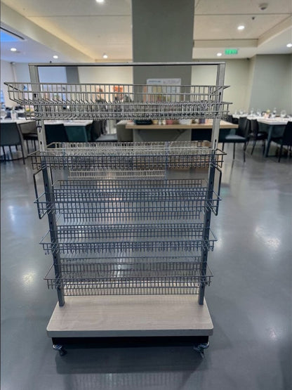 Superior Condition – Commercial Rolling Wire Display Rack – Multi-Tier Retail Shelving – Heavy-Duty Construction – Fully Inspected & Ready for Use!