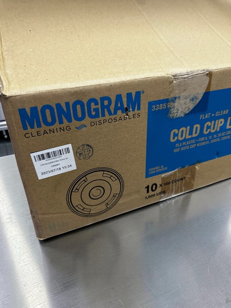 Pristine Condition – Monogram Serve Good – Clear PLA Flat Cold Cup Lids – Fits 9, 12, 16 & 20 oz. Cold Cups – Straw Slot – Compostable Plant-Based Plastic – 1,000-Count Case – New!