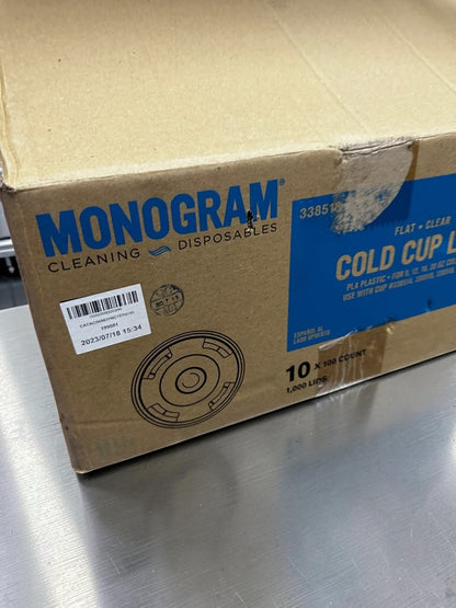 Pristine Condition – Monogram Serve Good – Clear PLA Flat Cold Cup Lids – Fits 9, 12, 16 & 20 oz. Cold Cups – Straw Slot – Compostable Plant-Based Plastic – 1,000-Count Case – New!