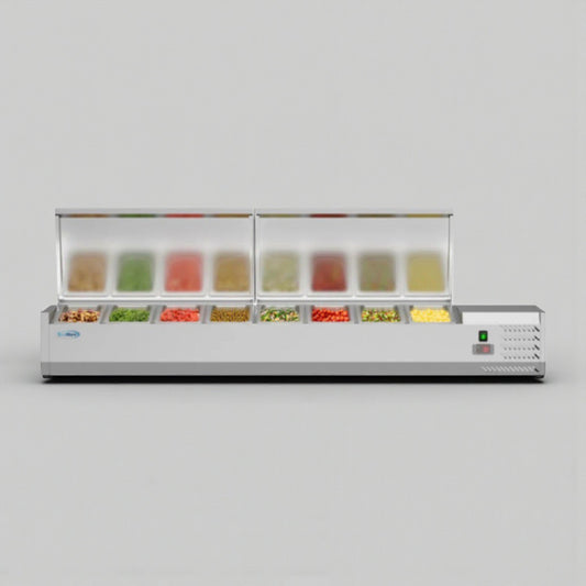 Brand New Premium Condition – KoolMore SCDC-8P-SSL – Refrigerated Prep Rail / Cold Food Bar – Stainless Steel – UL Listed – Never Used (Open Box)