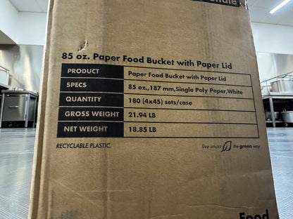 Elite Condition – Karat C-FB85W_Bundle – 85 oz. White Paper Food Buckets with Matching Paper Lids – 187 mm – 180 Sets per Case – New/Open Case!