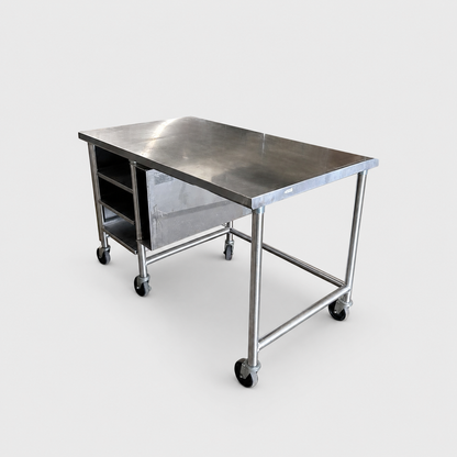 High-Quality Condition – Stainless Steel Commercial Work Table with Multi-Tier Overshelf – Approx. 60" x 36" – Mobile Prep / Service Table – Fully Inspected & Ready for Use!