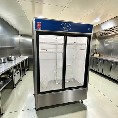 Elite Condition – True GDM-49 – 49 Cu. Ft. Commercial Two Glass Door Refrigerated Merchandiser – Sliding Doors – Illuminated Sign Panel – 115V – Fully Tested & Operational!