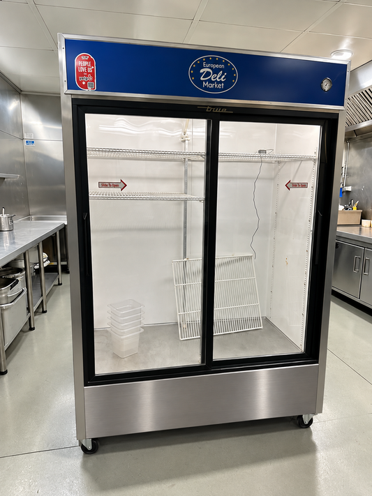 Elite Condition – True GDM-49 – 49 Cu. Ft. Commercial Two Glass Door Refrigerated Merchandiser – Sliding Doors – Illuminated Sign Panel – 115V – Fully Tested & Operational!