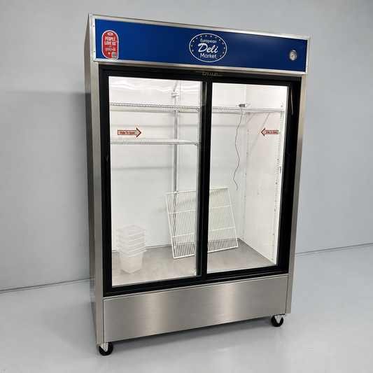 Elite Condition – True GDM-49 – 49 Cu. Ft. Commercial Two Glass Door Refrigerated Merchandiser – Sliding Doors – Illuminated Sign Panel – 115V – Fully Tested & Operational!