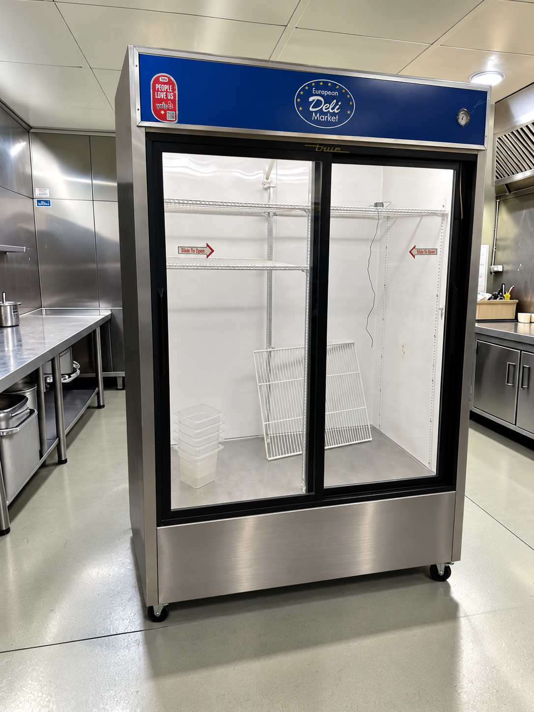 Elite Condition – True GDM-49 – 49 Cu. Ft. Commercial Two Glass Door Refrigerated Merchandiser – Sliding Doors – Illuminated Sign Panel – 115V – Fully Tested & Operational!