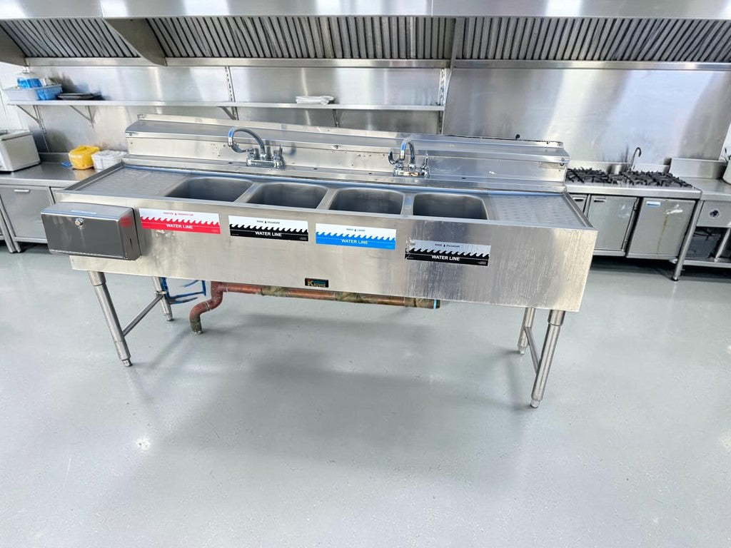 Outstanding Condition – Krowne KR24-64C – Royal Series 72" Four-Compartment Underbar Sink – Dual Drainboards – Stainless Steel – NSF Certified – Ready for Commercial Use!