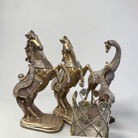Outstanding Condition – Decorative Gold Horse & Peacock Statue Set – Elegant Home / Office Accent Décor – Like-New & Ready for Display!