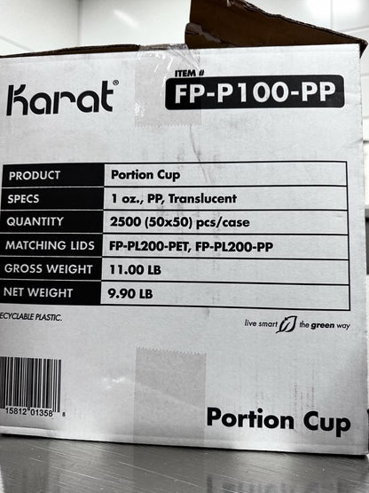 Pristine Condition – Karat FP-P100-PP – 1 oz. Clear Squat Polypropylene Portion Cups – 2,500 Cups per Case – Recyclable Disposable Foodservice Cups – New/Open Case!