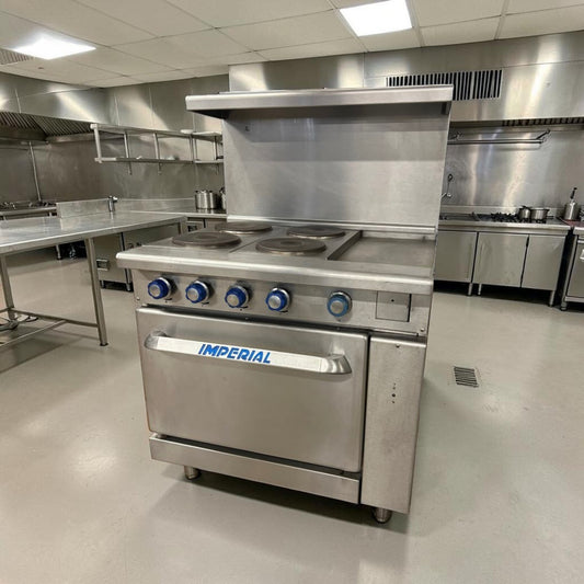 Excellent Condition – Imperial IR-4-E – 24" Commercial Electric Range – 4 Round Plate Elements & Space-Saver Oven – 240V – ETL Listed – Fully Tested & Operational!