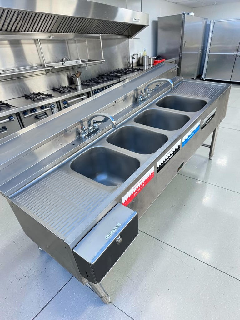 Outstanding Condition – Krowne KR24-64C – Royal Series 72" Four-Compartment Underbar Sink – Dual Drainboards – Stainless Steel – NSF Certified – Ready for Commercial Use!