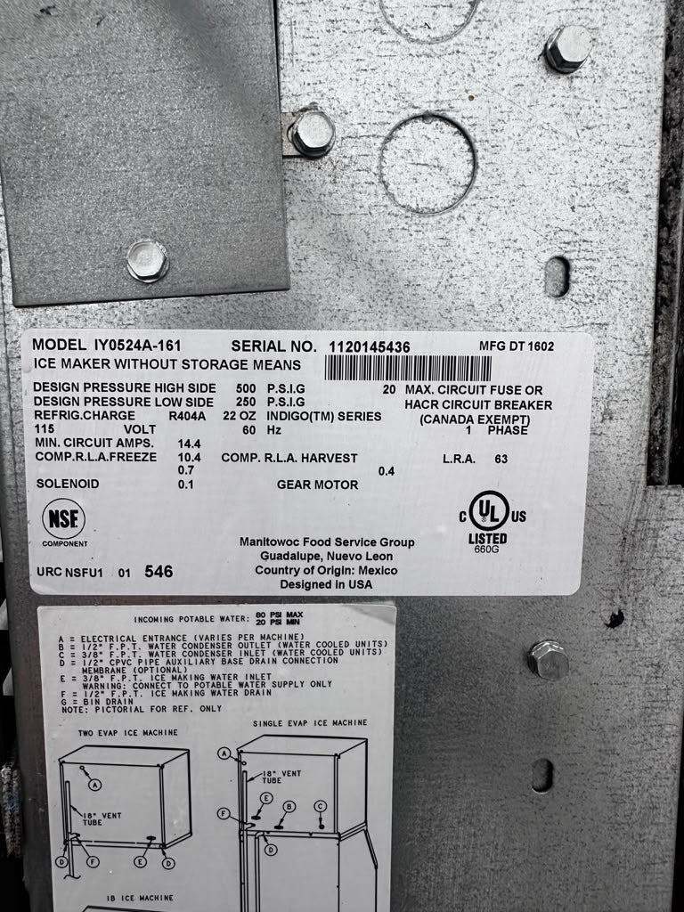 Pristine Condition – Manitowoc IY0524A-161 Indigo Series – 22" Commercial Air-Cooled Half-Dice Ice Maker – Approx. 485 lb/day – 115V – NSF & UL Listed – Fully Tested & Operational!