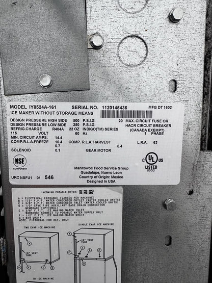 Pristine Condition – Manitowoc IY0524A-161 Indigo Series – 22" Commercial Air-Cooled Half-Dice Ice Maker – Approx. 485 lb/day – 115V – NSF & UL Listed – Fully Tested & Operational!