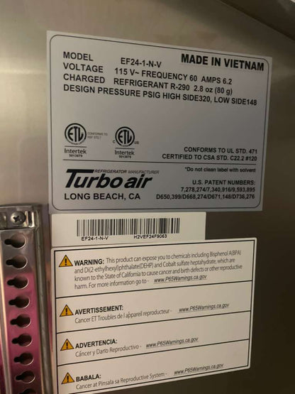 Premium Condition – Turbo Air EF24-1-N-V Commercial Reach-In Freezer – 115V / Single Phase – Fully Tested & Working!