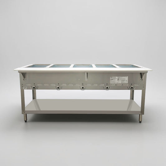 Optimal Condition – Duke 305 Aerohot – 72-3/8" Commercial Natural Gas Hot Food Table – Five Full-Size Wells – Stainless Steel Open Base with Undershelf – 12,500 BTU – Fully Tested & Operational!