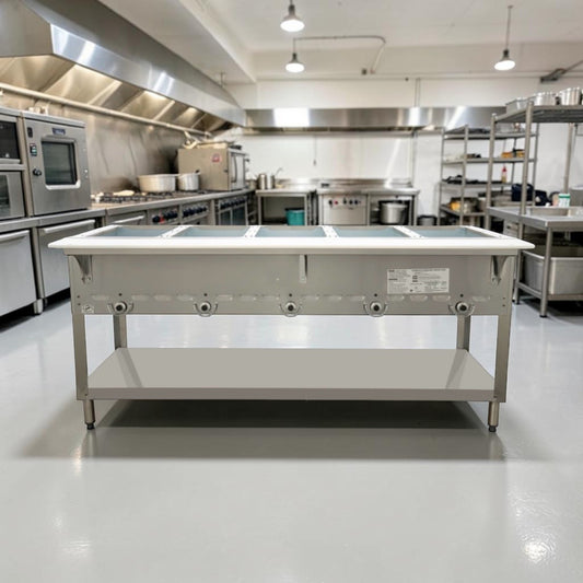 Optimal Condition – Duke 305 Aerohot – 72-3/8" Commercial Natural Gas Hot Food Table – Five Full-Size Wells – Stainless Steel Open Base with Undershelf – 12,500 BTU – Fully Tested & Operational!