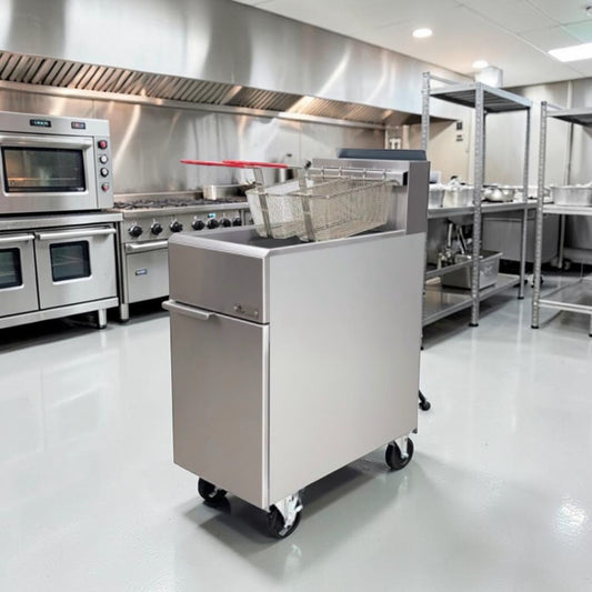Dependable Condition – Cooler Depot HFRF-120B-NG – Commercial 50 lb. Natural Gas Floor Fryer – Four Burners – 120,000 BTU – Twin Baskets – ETL & NSF Certified – Fully Tested & Operational!