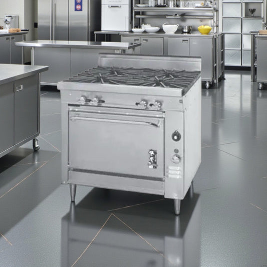 Remarkable Condition – Montague 136-5A Legend 36" Heavy-Duty Gas Range – Four 18" Open Burners – Standard Oven Base – 160,000 BTU – NSF / cETLus Listed – Fully Tested & Operational!