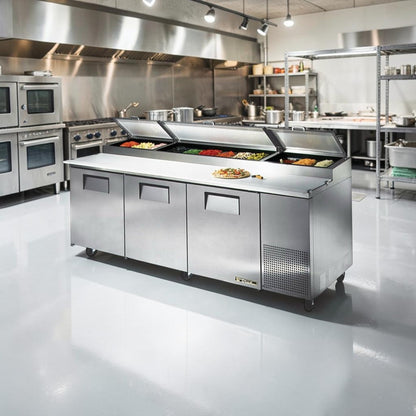 Exceptional Condition – True TPP-93 – 93″ Three-Door Refrigerated Pizza Prep Table – (12) 1/3-Size Pan Capacity – 115V – Fully Tested & Operational!