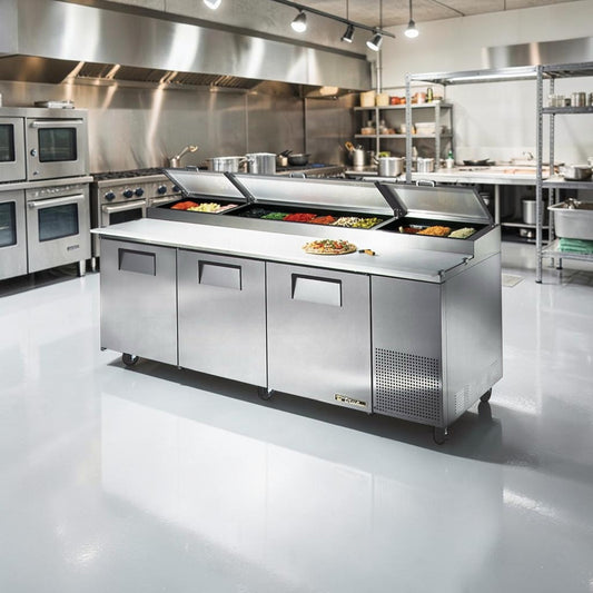 Exceptional Condition – True TPP-93 – 93″ Three-Door Refrigerated Pizza Prep Table – (12) 1/3-Size Pan Capacity – 115V – Fully Tested & Operational!