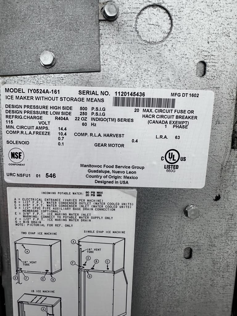 Pristine Condition – Manitowoc IY0524A-161 Indigo Series – 22" Commercial Air-Cooled Half-Dice Ice Maker – Approx. 485 lb/day – 115V – NSF & UL Listed – Fully Tested & Operational!