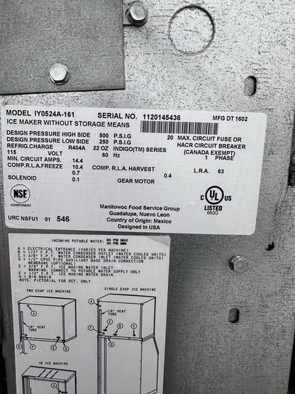 Pristine Condition – Manitowoc IY0524A-161 Indigo Series – 22" Commercial Air-Cooled Half-Dice Ice Maker – Approx. 485 lb/day – 115V – NSF & UL Listed – Fully Tested & Operational!