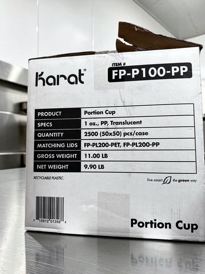 Pristine Condition – Karat FP-P100-PP – 1 oz. Clear Squat Polypropylene Portion Cups – 2,500 Cups per Case – Recyclable Disposable Foodservice Cups – New/Open Case!
