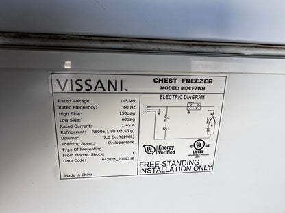 Well-Maintained Condition – Vissani MDCF7WH – 7.0 Cu. Ft. Manual Defrost Chest Freezer – White – UL Listed - Fully Tested & Operational!