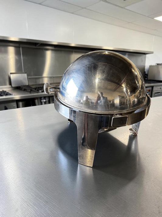Premium Condition – Commercial Round Roll-Top Chafing Dish – Stainless Steel Buffet Food Warmer – Removable Round Food Pan – Elevated Stand – Fully Inspected & Ready for Service!