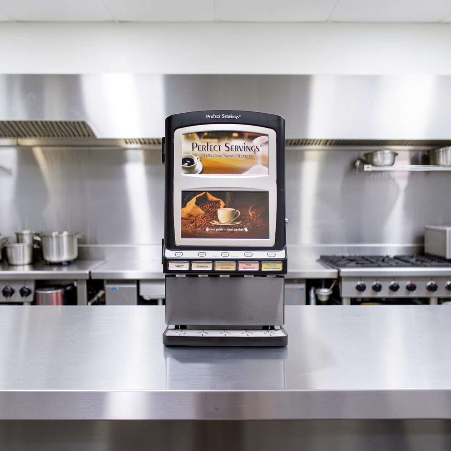 Pristine Condition – Perfect Servings UV-PSPD-5-AV-BL-T-B – 5-Select Tall Dual LED Translight Coffee Condiment Powder Dispenser – New / Open Box – Ready for Commercial Use!