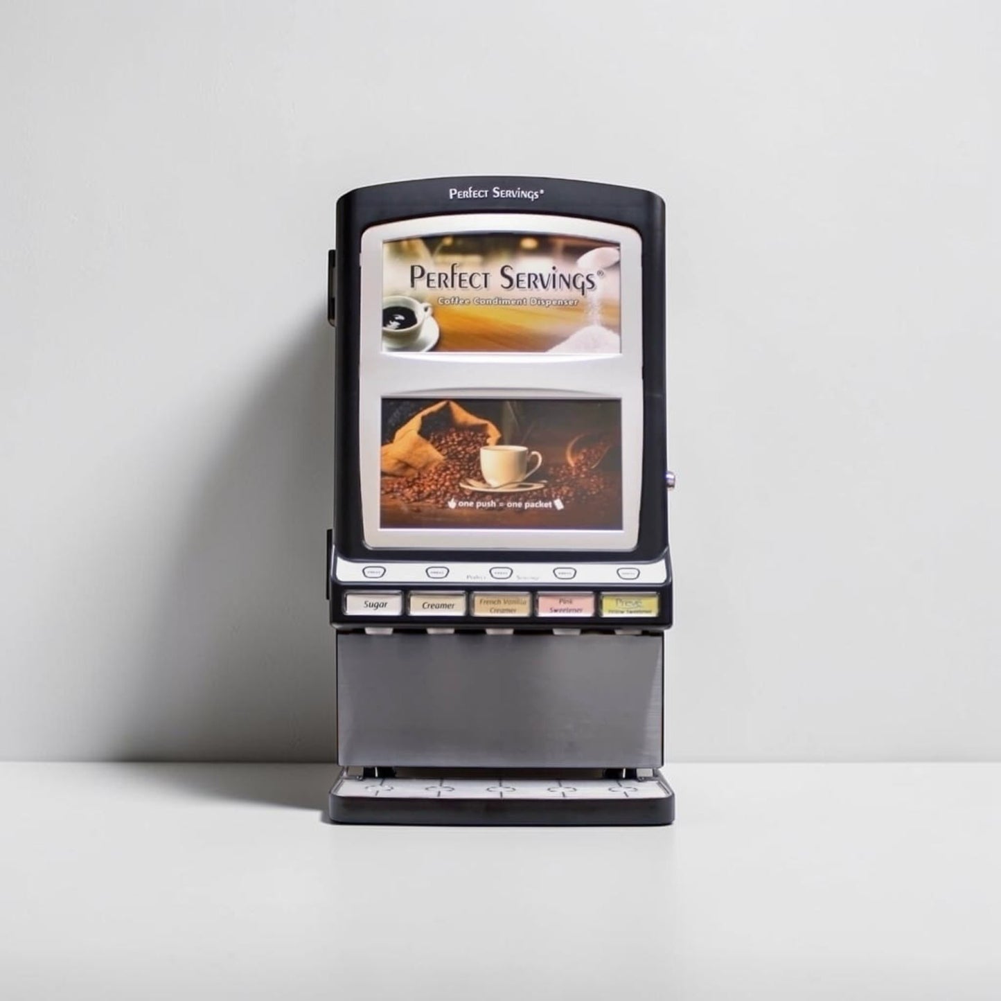 Pristine Condition – Perfect Servings UV-PSPD-5-AV-BL-T-B – 5-Select Tall Dual LED Translight Coffee Condiment Powder Dispenser – New / Open Box – Ready for Commercial Use!