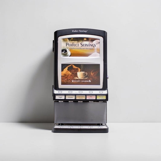 Pristine Condition – Perfect Servings UV-PSPD-5-AV-BL-T-B – 5-Select Tall Dual LED Translight Coffee Condiment Powder Dispenser – New / Open Box – Ready for Commercial Use!