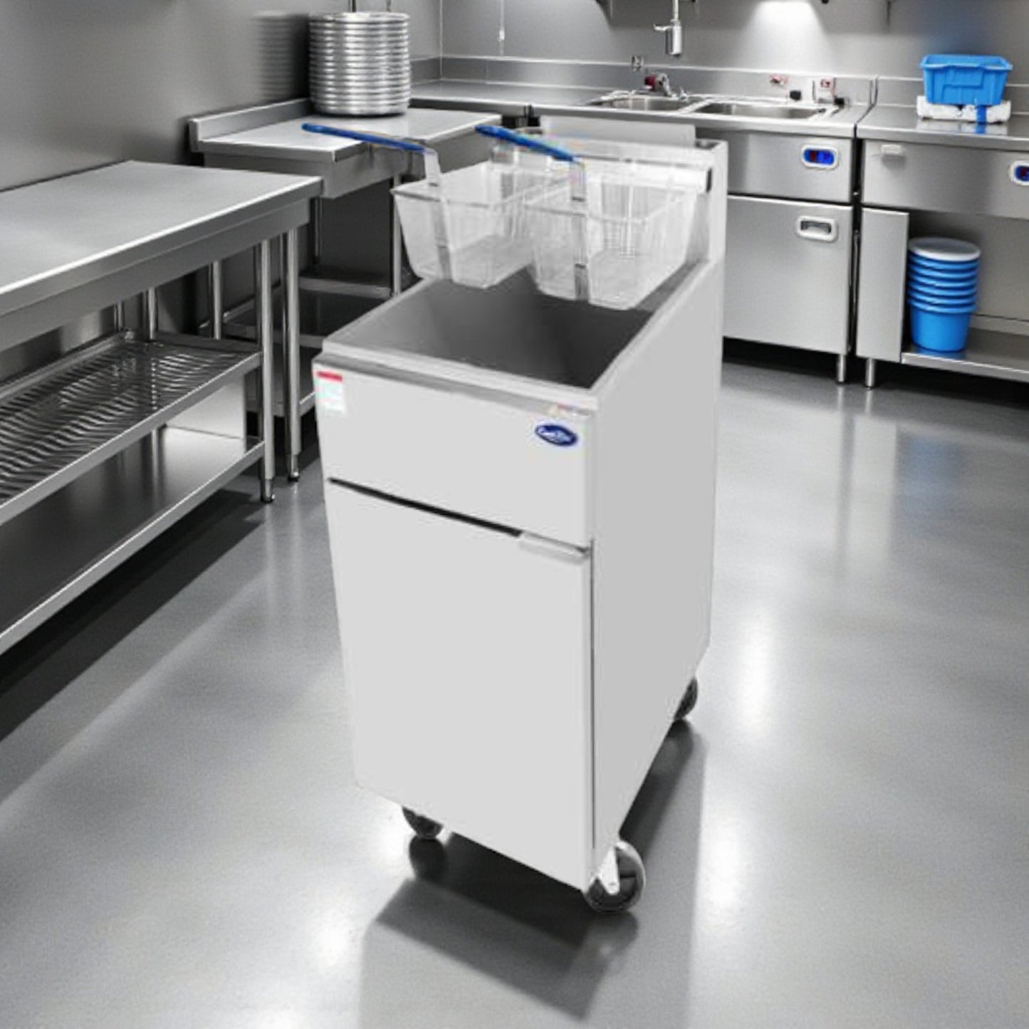 Brand New Condition – Atosa ATFS-40-NG – 15" Natural Gas Commercial Deep Fryer – 40 lb Capacity – 3 Burners – 102,000 BTU – cETLus / ETL-Sanitation Listed – Fully Tested & Operational!